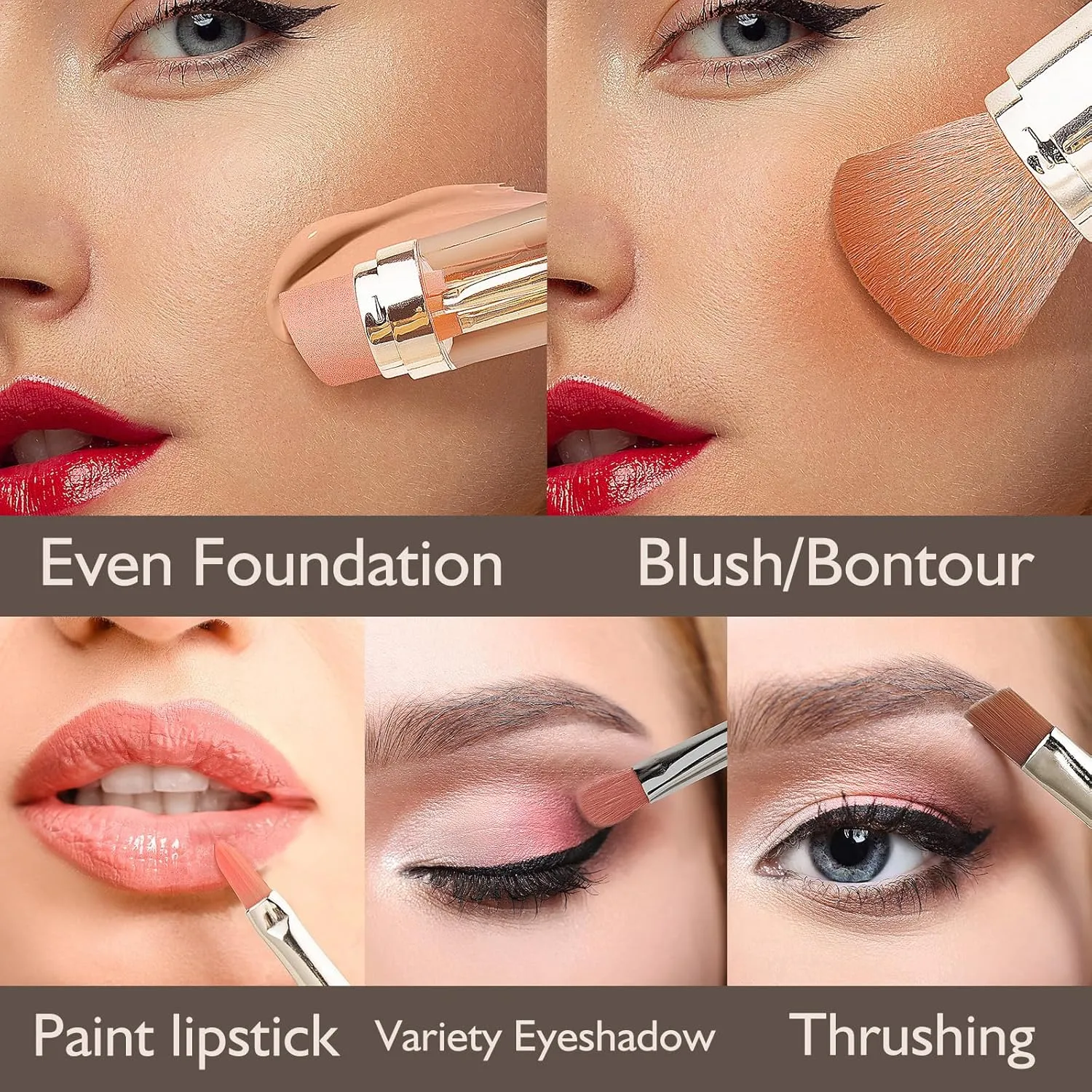 Kullder Travel Makeup Brush 5 in 1 Makeup Brush set Blend Sponge Eyebrow Eyeshadow & Blush Brushes for Foundation Concealer Double Ended Makeup Brush with Powder Puff Ideal Womens Gifts