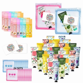 KWOLYKIM 24 Sets Hand Cream and Lip Balm Travel Size Bulk Set Thank You Christmas Gift Set for Coworkers Women Men with Makeup BagThank You Card Bridal Shower Favors Stocking Stuffers for Guests