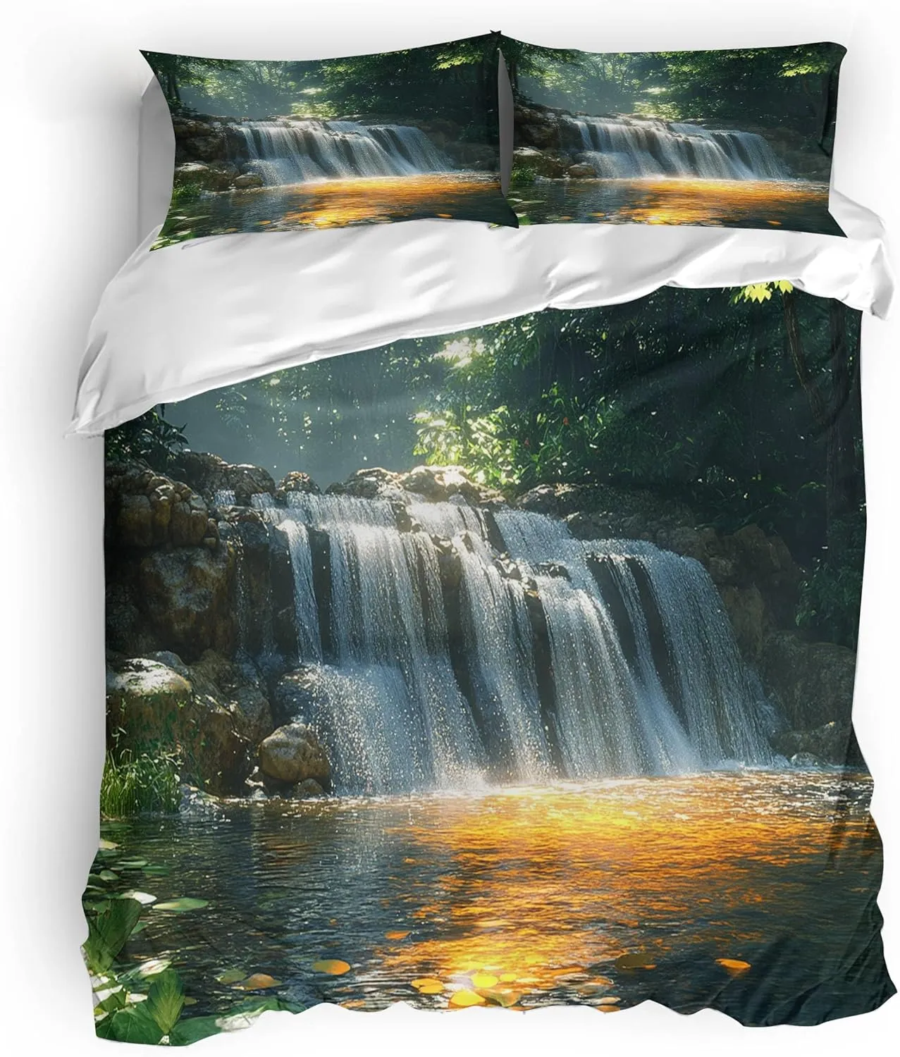 Landscape Duvet Cover Sets Twin Size Sunshine Stream Jungle Bedding Polyester Fabric Soft Bedroom Quilt Set Suitable for Teenagers Quilt Sets Contains Two Pillowcases Without Filling