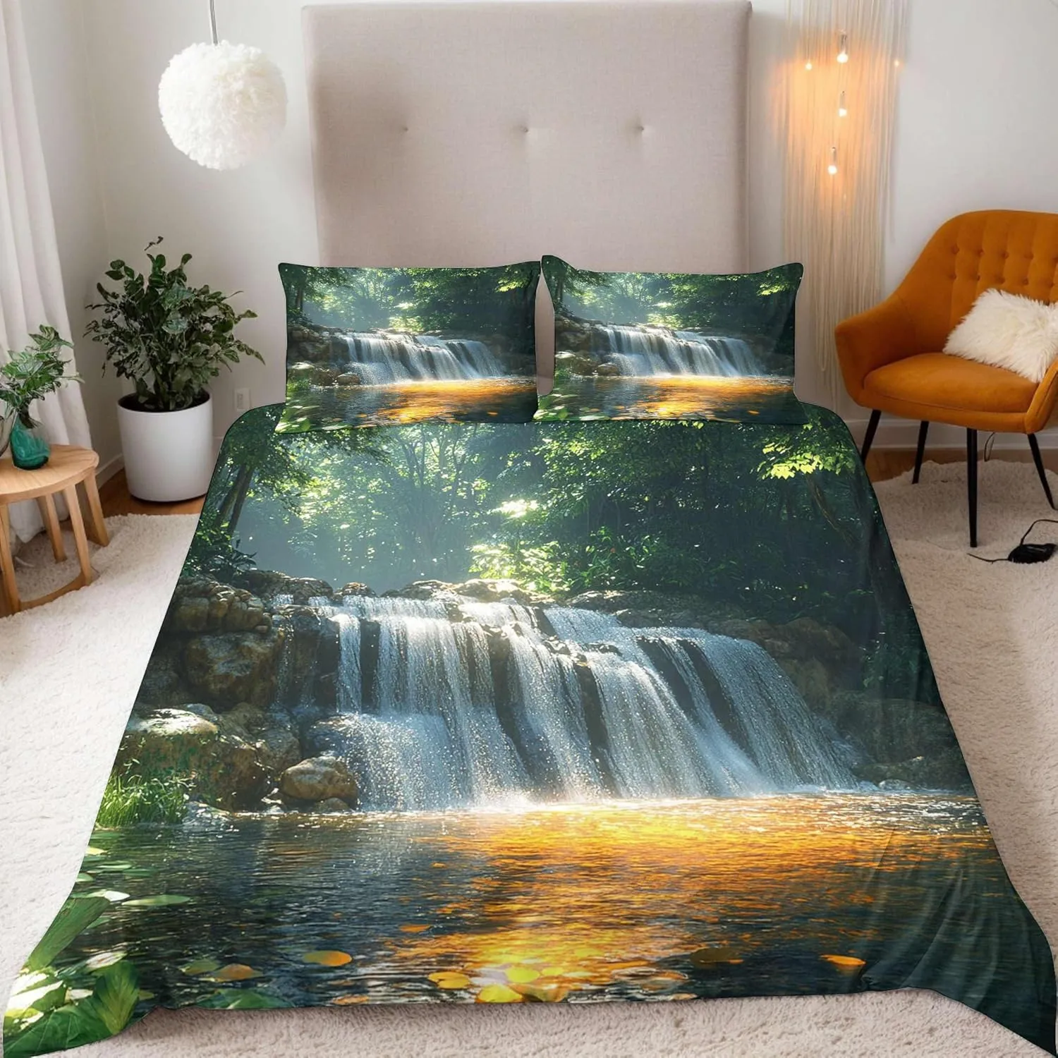 Landscape Duvet Cover Sets Twin Size Sunshine Stream Jungle Bedding Polyester Fabric Soft Bedroom Quilt Set Suitable for Teenagers Quilt Sets Contains Two Pillowcases Without Filling