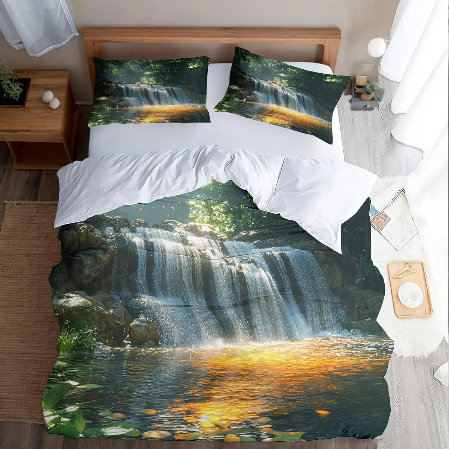 Landscape Duvet Cover Sets Twin Size Sunshine Stream Jungle Bedding Polyester Fabric Soft Bedroom Quilt Set Suitable for Teenagers Quilt Sets Contains Two Pillowcases Without Filling