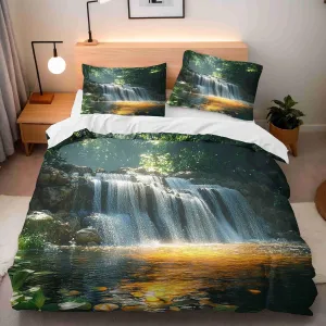 Landscape Duvet Cover Sets Twin Size Sunshine Stream Jungle Bedding Polyester Fabric Soft Bedroom Quilt Set Suitable for Teenagers Quilt Sets Contains Two Pillowcases Without Filling
