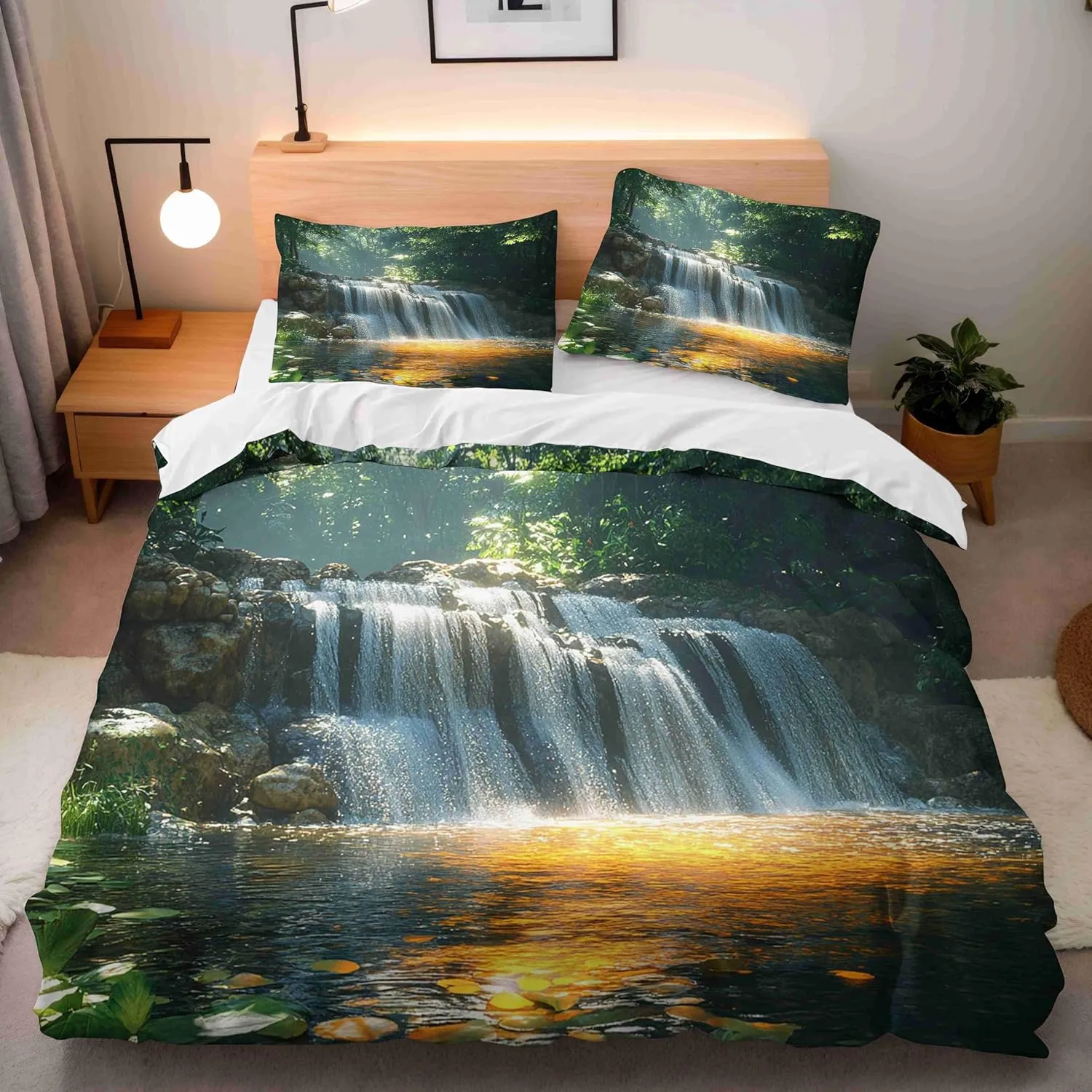 Landscape Duvet Cover Sets Twin Size Sunshine Stream Jungle Bedding Polyester Fabric Soft Bedroom Quilt Set Suitable for Teenagers Quilt Sets Contains Two Pillowcases Without Filling
