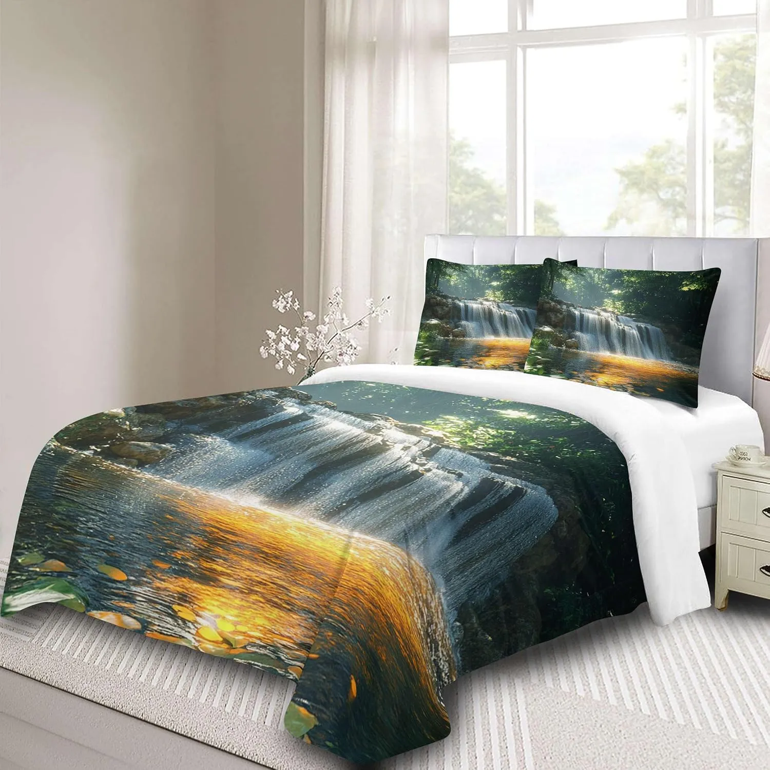 Landscape Duvet Cover Sets Twin Size Sunshine Stream Jungle Bedding Polyester Fabric Soft Bedroom Quilt Set Suitable for Teenagers Quilt Sets Contains Two Pillowcases Without Filling