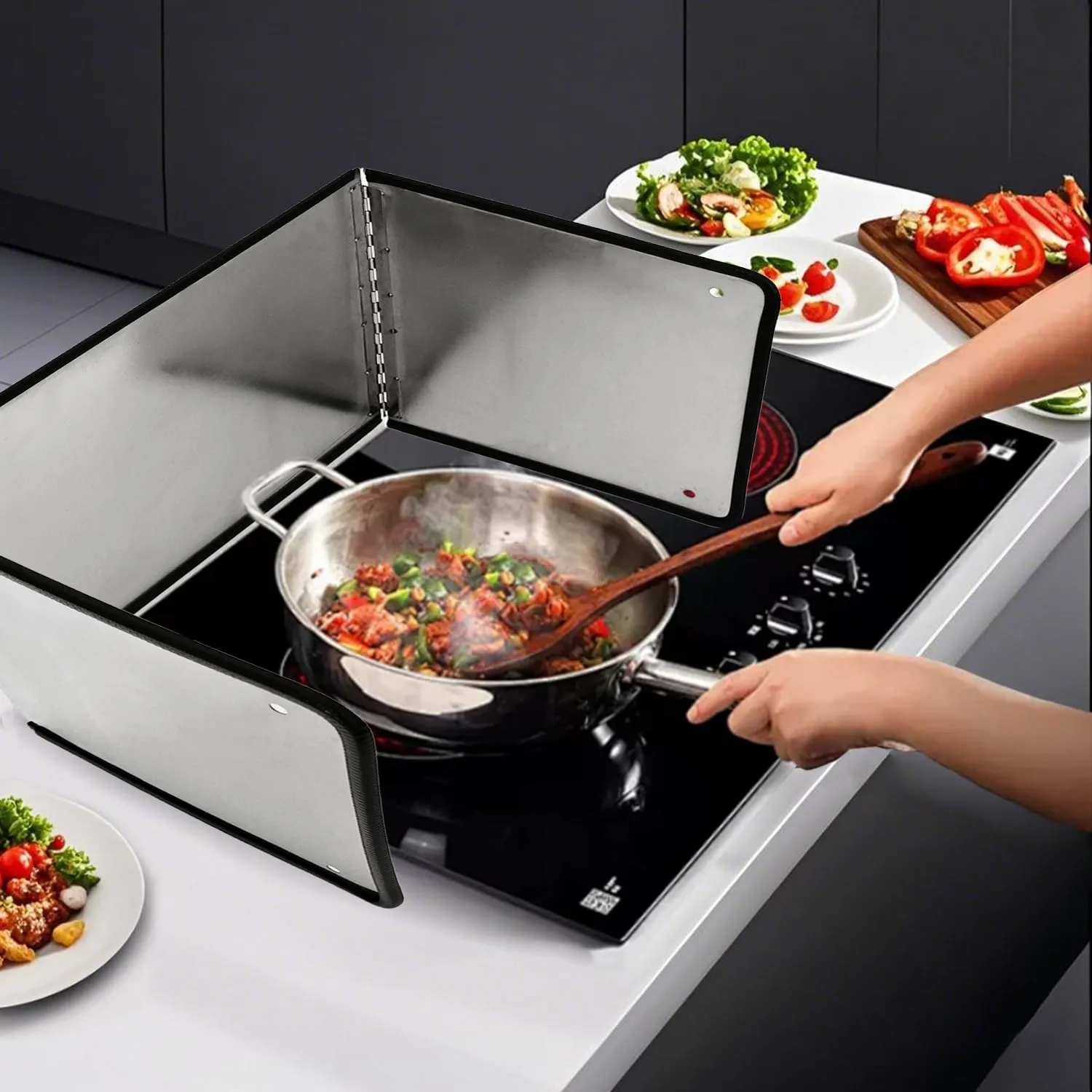 Large 3 Sided Splatter Guard for Frying Stove Top,Oil Splash Guard Cooking for Stove,Non Stick Foldable Splatter Screen for Stove Top (Silver)