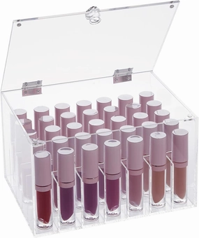 Large Clear Acrylic Lipstick Organizer and Lip Gloss Holder with 35 Compartments and Lid (7.8 x 5.8 x 4.4 Inch) - Makeup Organizer - Lipstick Holder