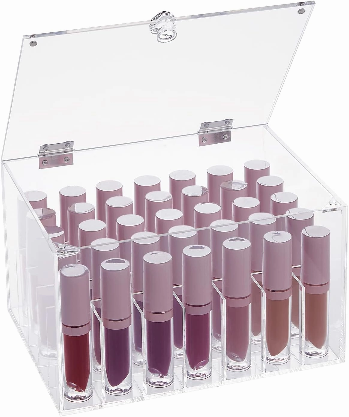Large Clear Acrylic Lipstick Organizer and Lip Gloss Holder with 35 Compartments and Lid (7.8 x 5.8 x 4.4 Inch) - Makeup Organizer - Lipstick Holder