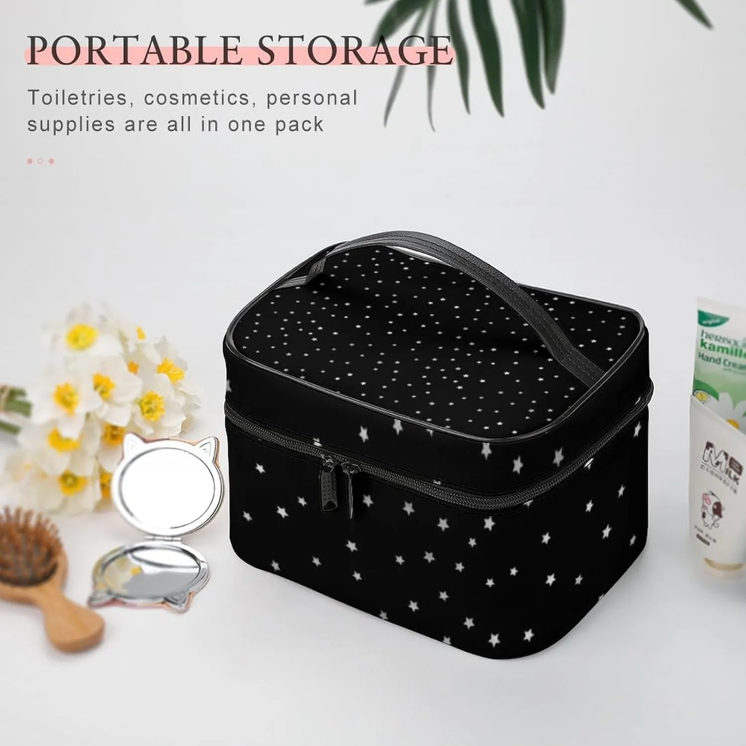 Leather Cosmetic Case, Black and Silver Star Portable Makeup Bag Organizer Large Capacity Travel Toiletry Bag with Zipper