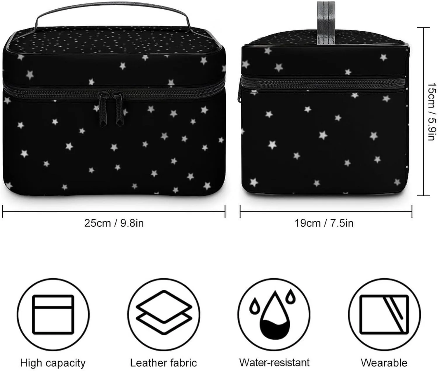 Leather Cosmetic Case, Black and Silver Star Portable Makeup Bag Organizer Large Capacity Travel Toiletry Bag with Zipper