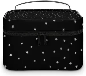 Leather Cosmetic Case, Black and Silver Star Portable Makeup Bag Organizer Large Capacity Travel Toiletry Bag with Zipper