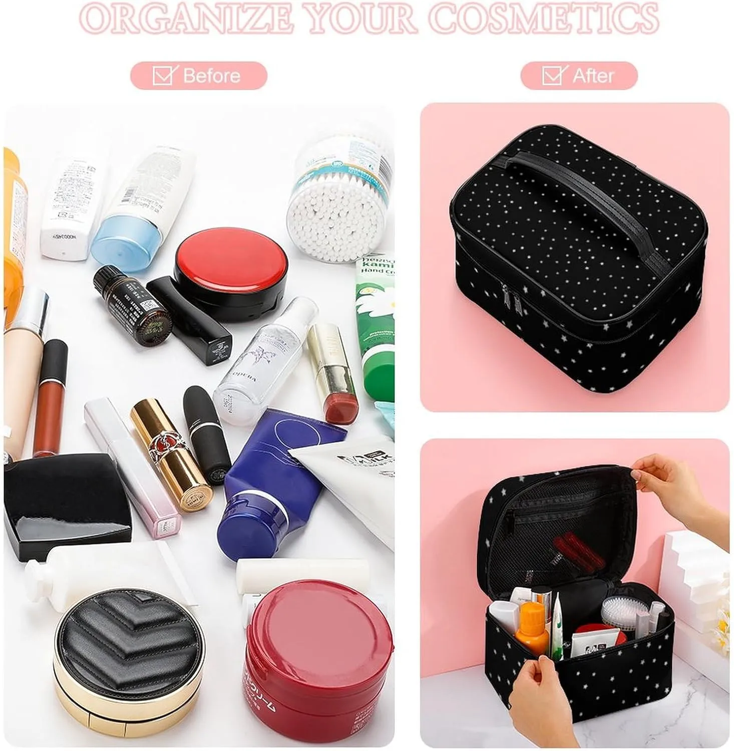 Leather Cosmetic Case, Black and Silver Star Portable Makeup Bag Organizer Large Capacity Travel Toiletry Bag with Zipper