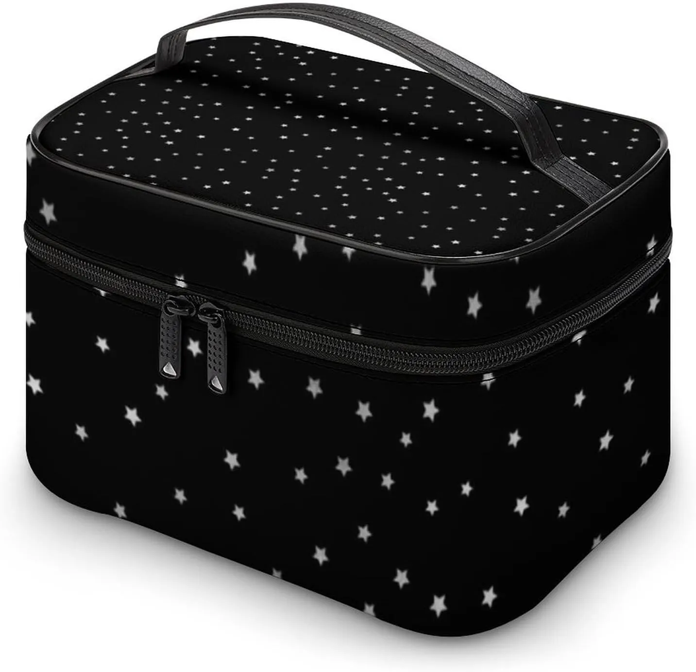 Leather Cosmetic Case, Black and Silver Star Portable Makeup Bag Organizer Large Capacity Travel Toiletry Bag with Zipper