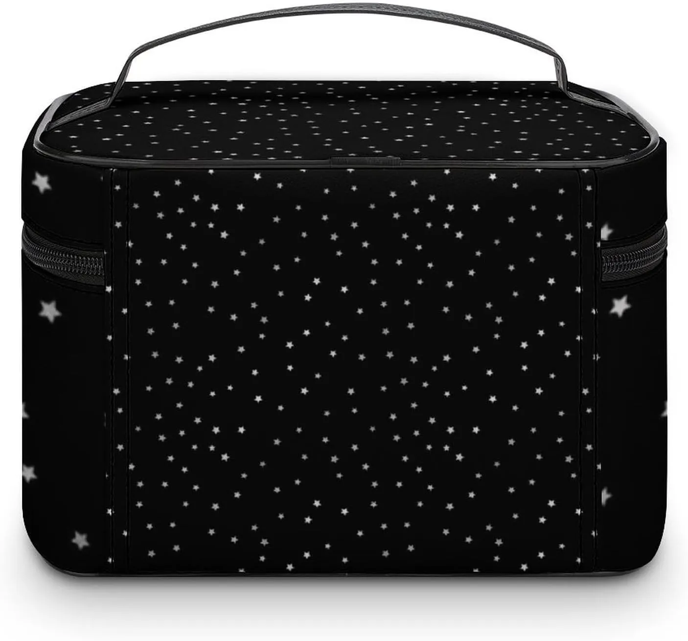 Leather Cosmetic Case, Black and Silver Star Portable Makeup Bag Organizer Large Capacity Travel Toiletry Bag with Zipper