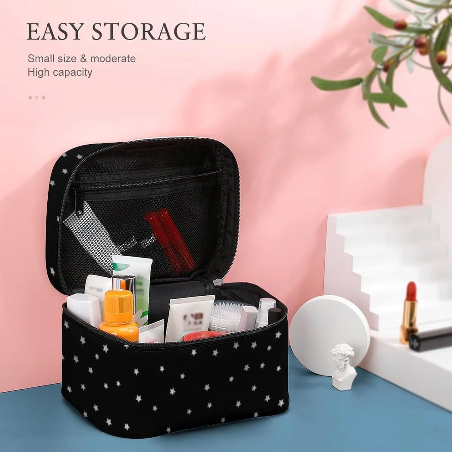 Leather Cosmetic Case, Black and Silver Star Portable Makeup Bag Organizer Large Capacity Travel Toiletry Bag with Zipper