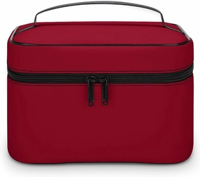 Leather Cosmetic Case, Minimalist Burgundy Solid Color Portable Makeup Bag Organizer Large Capacity Travel Toiletry Bag with Zipper