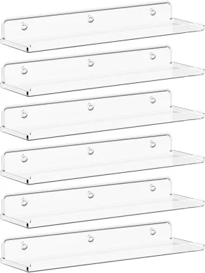 Lifewit Floating Shelves for Wall, 6 Pack 15" Clear Acrylic Shelf Room Decor for Book/Figures/Photo/Makeup in Bathroom, Book Shelf, Living Room, Bedroom, Kitchen Storage and Organization
