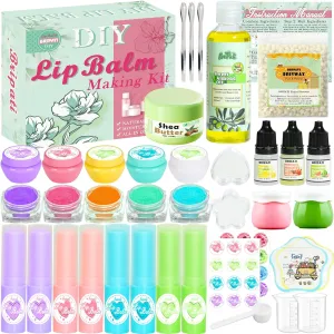 Lip Balm DIY Making Kit - Lip Gloss Set to Make Your Own Lipsticks with Natural Beeswax, Sweet Almond Oil, Shea Butter, Tubes, Jars - Adults Girls Women Moisturizing Lip Care Kit