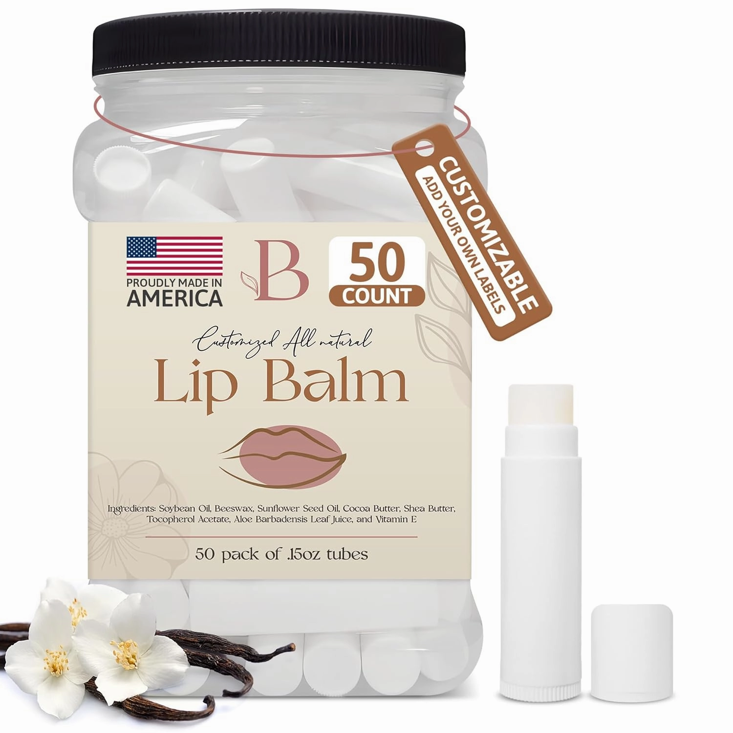 Lip Balm Bulk Unlabeled - Made in USA Bulk Chapstick - Natural Ingredients Vitamin E Shea Butter - Custom Chapstick Bulk For Party & Wedding Favors (White)