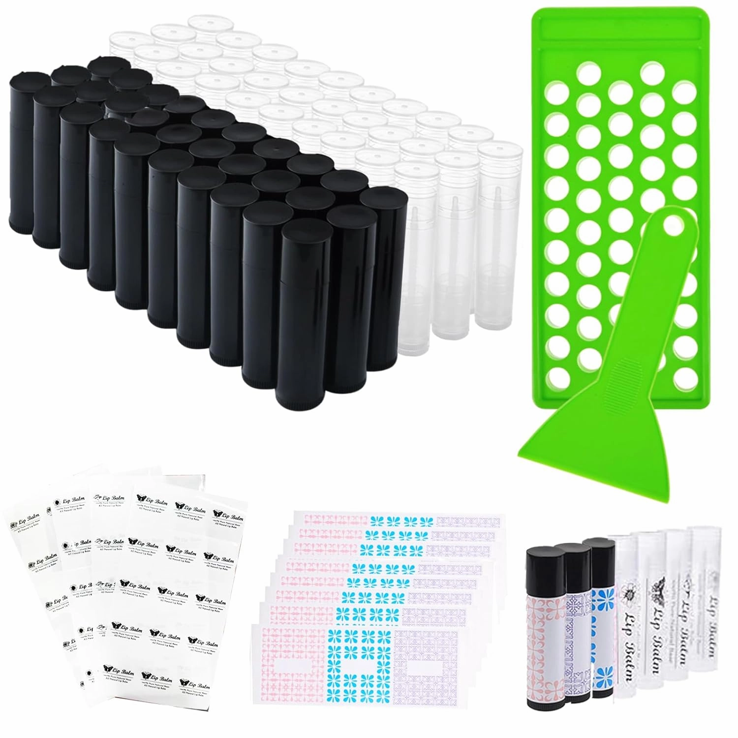Lip Balm Tubes with Filling Tray and Spatula, 60 Empty Lip Balms Containers with Caps (Clear Black), 60 Writeable and 60 Printed Stickers, BPA Free, Make Natural Lip Balm Kit for DIY