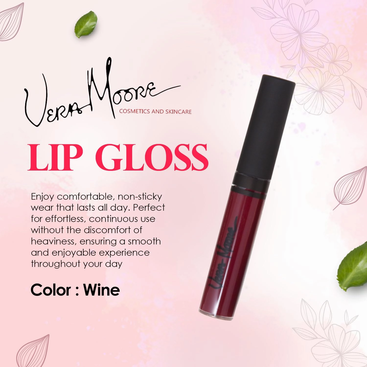 Lip Gloss, Moisturizing Lip Color with Shimmer for Long Lasting Shine, Lightweight Lip Stain, Girls Non-Sticky Lip Gloss with Aloe Vera, W/Vitamin C, E (Wine)