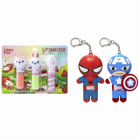 Lip Smacker Lippy Pals Flavored LIp Balm Set Of 3, Unicorn, Panda, Kitten, Foxy Apple & Marvel Spiderman and Captain America Superhero Flavored Lip Balm Keychains 2 Pack