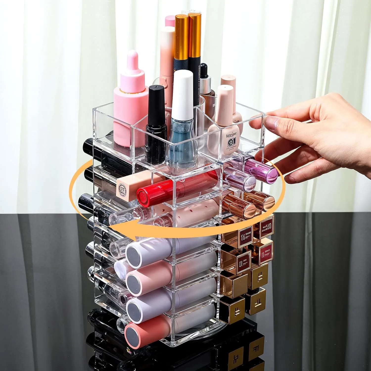 Lipstick Organizer,53 Spaces 360 Degree Spinning Lipstick Holder,Acrylic Cosmetic Display Cases for Lipsticks, Brushes, Bottles, and more,Clear