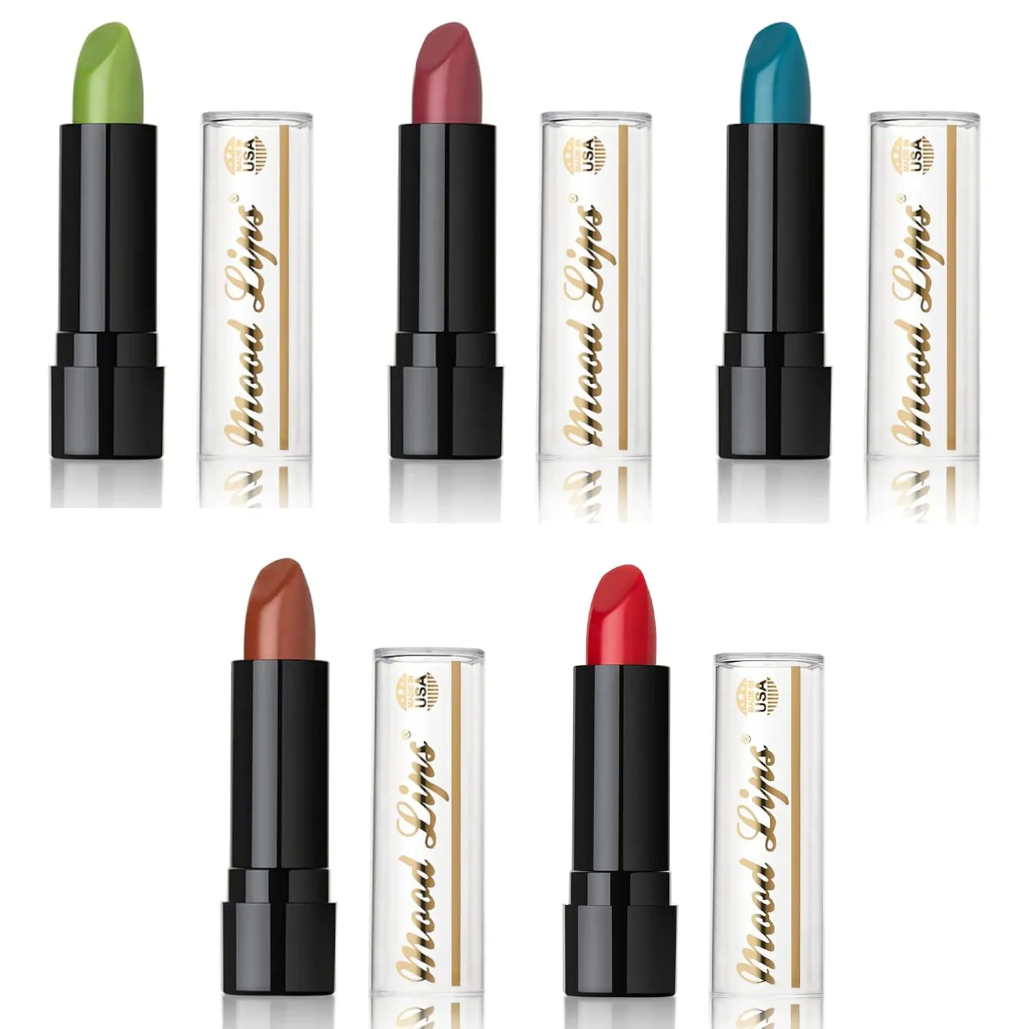 Lipstick pH Color Changing Long Lasting Magic Custom Lip Shade Made in the USA 12 hour long lasting non transfer with Vitamins A, C, & E, and Aloe Vera (Green (Pack of 5))