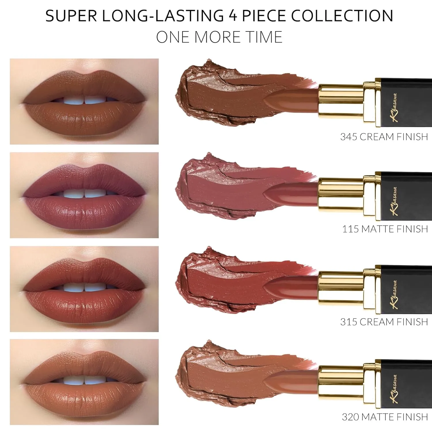 Lipstick Set. Long Lasting Lipcolor 4 Piece Gift Set. Moisturizing Formula, Infused with Vitamin E and Vitamin C. Multi Finish Lip Makeup Cream Gloss & Matte. Pack of 4 (ONE MORE TIME)