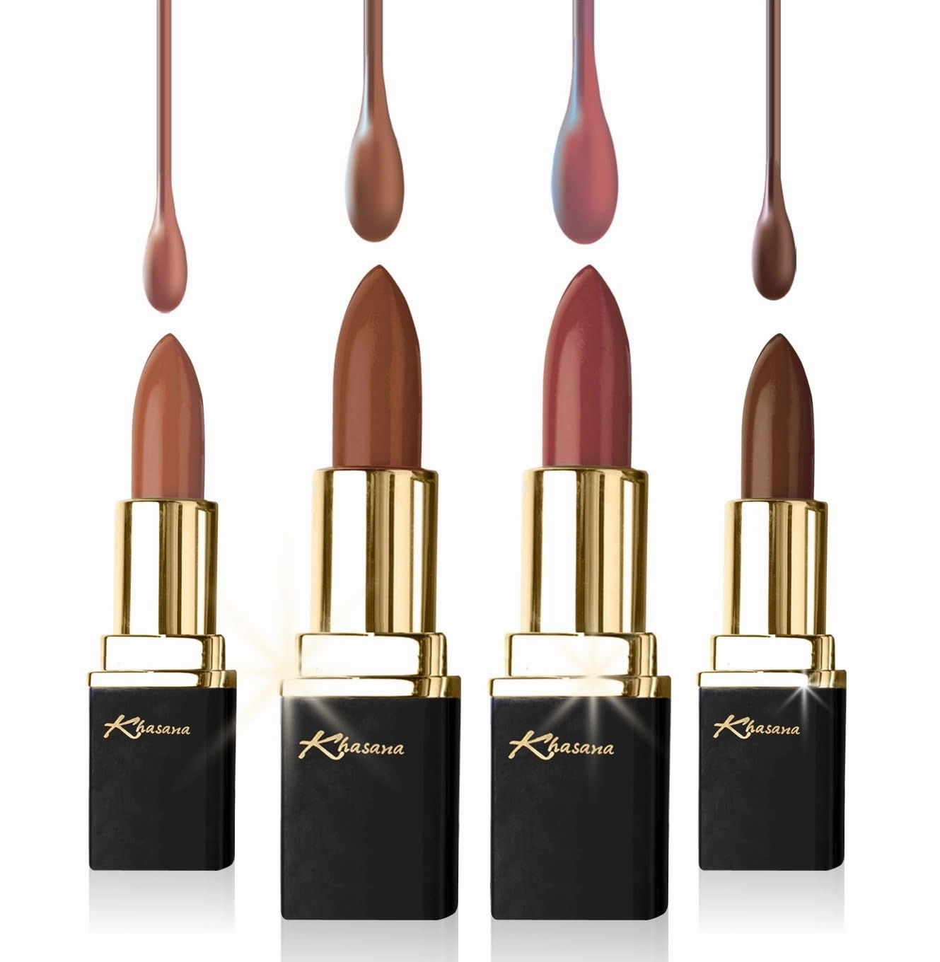 Lipstick Set. Long Lasting Gift Set. Moisturizing Formula, Infused with Vitamin E and Vitamin C. Multi Finish Lip Makeup Cream Gloss & Matte. Pack of 4 Nude Collection