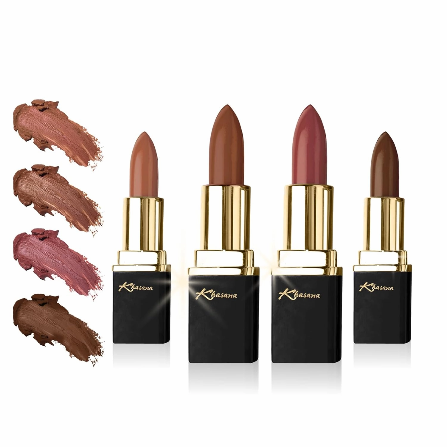 Lipstick Set. Long Lasting Gift Set. Moisturizing Formula, Infused with Vitamin E and Vitamin C. Multi Finish Lip Makeup Cream Gloss & Matte. Pack of 4 Nude Collection