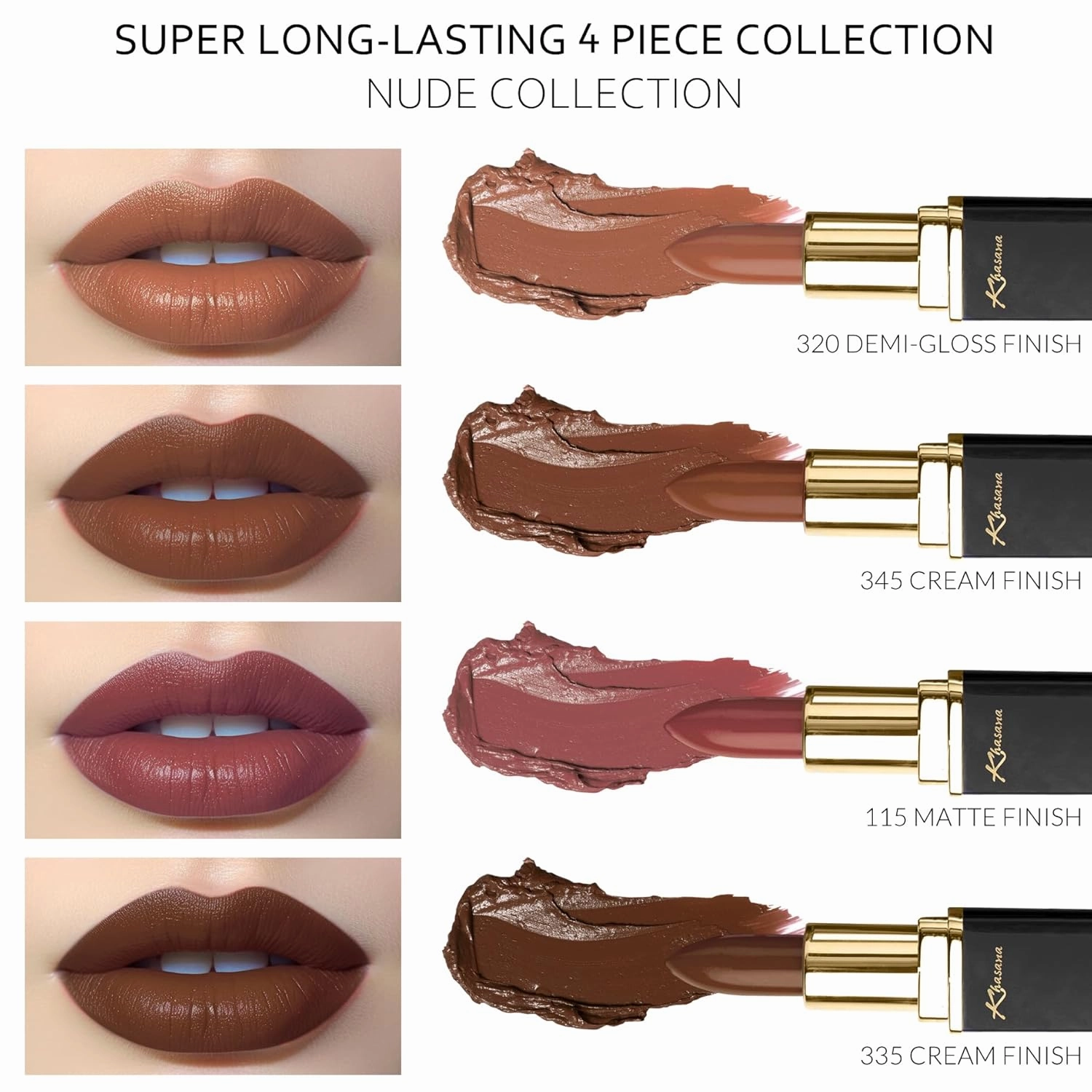 Lipstick Set. Long Lasting Gift Set. Moisturizing Formula, Infused with Vitamin E and Vitamin C. Multi Finish Lip Makeup Cream Gloss & Matte. Pack of 4 Nude Collection