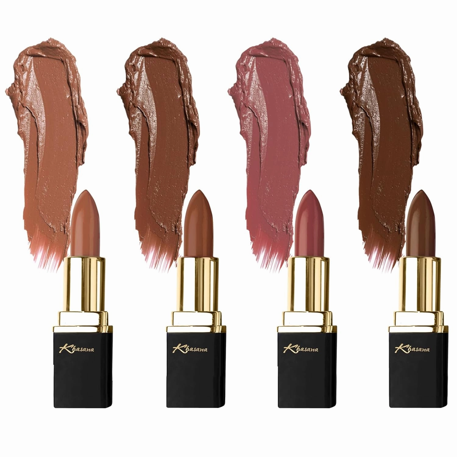 Lipstick Set. Long Lasting Gift Set. Moisturizing Formula, Infused with Vitamin E and Vitamin C. Multi Finish Lip Makeup Cream Gloss & Matte. Pack of 4 Nude Collection