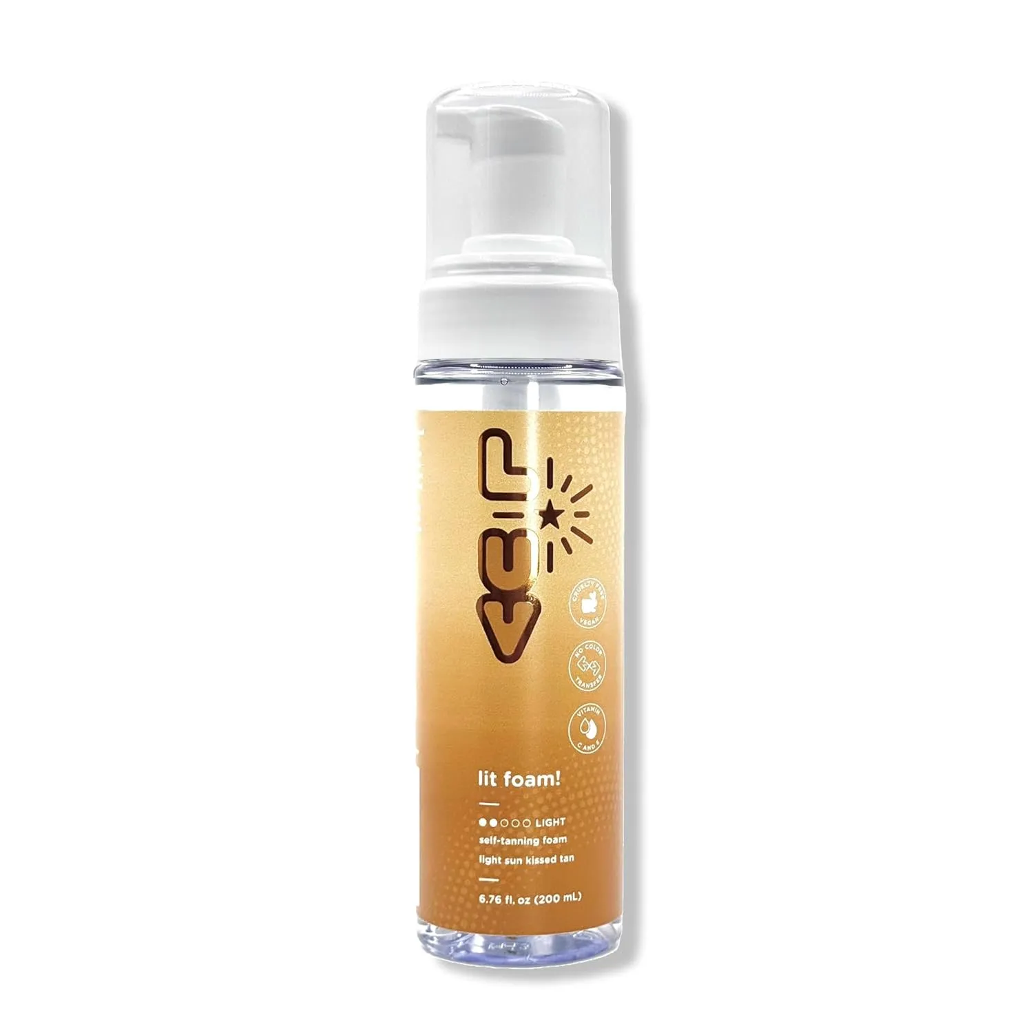 lit foam! Light sun kissed tan. Transparent and no color transfer foam with Vitamin C and E. Perfect for a natural and flawless looking tan.