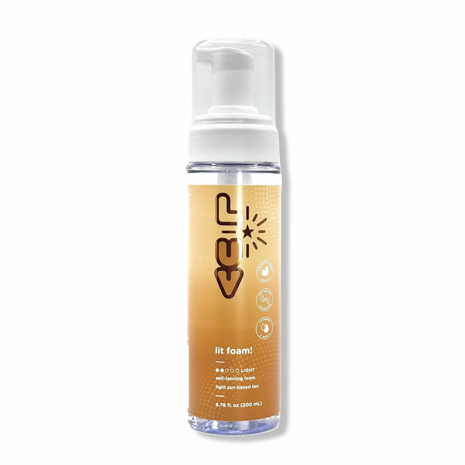 lit foam! Light sun kissed tan. Transparent and no color transfer foam with Vitamin C and E. Perfect for a natural and flawless looking tan.