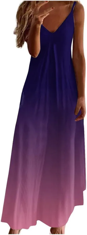 Long Summer Dresses for Women 2024 Spaghetti Strap V Neck Midi Sundresses Sleeveless Empire Waist Boho Maxi Dresses