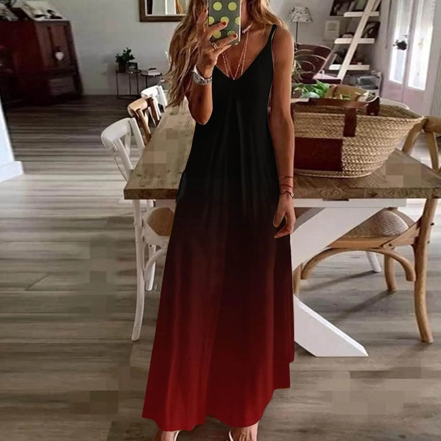 Long Summer Dresses for Women 2024 Spaghetti Strap V Neck Midi Sundresses Sleeveless Empire Waist Boho Maxi Dresses