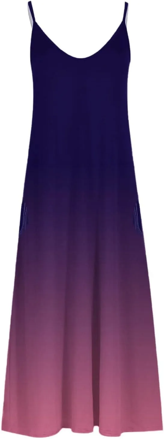 Long Summer Dresses for Women 2024 Spaghetti Strap V Neck Midi Sundresses Sleeveless Empire Waist Boho Maxi Dresses