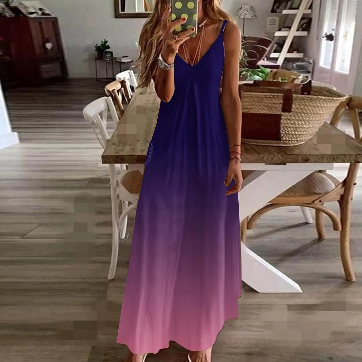 Long Summer Dresses for Women 2024 Spaghetti Strap V Neck Midi Sundresses Sleeveless Empire Waist Boho Maxi Dresses