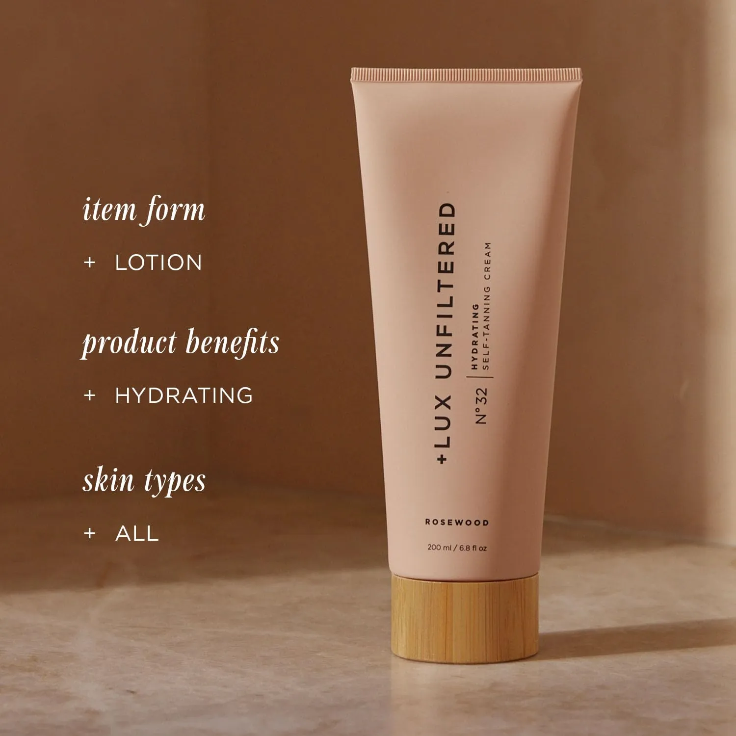  Lux Unfiltered N°32 Gradual Self Tanner, Hydrating Self Tanning Lotion with Shea Butter & Squalane - Non-Sticky, No Transfer, Natural-Looking Tan - Vegan & Cruelty-Free Sunless Tanner - Rosewood