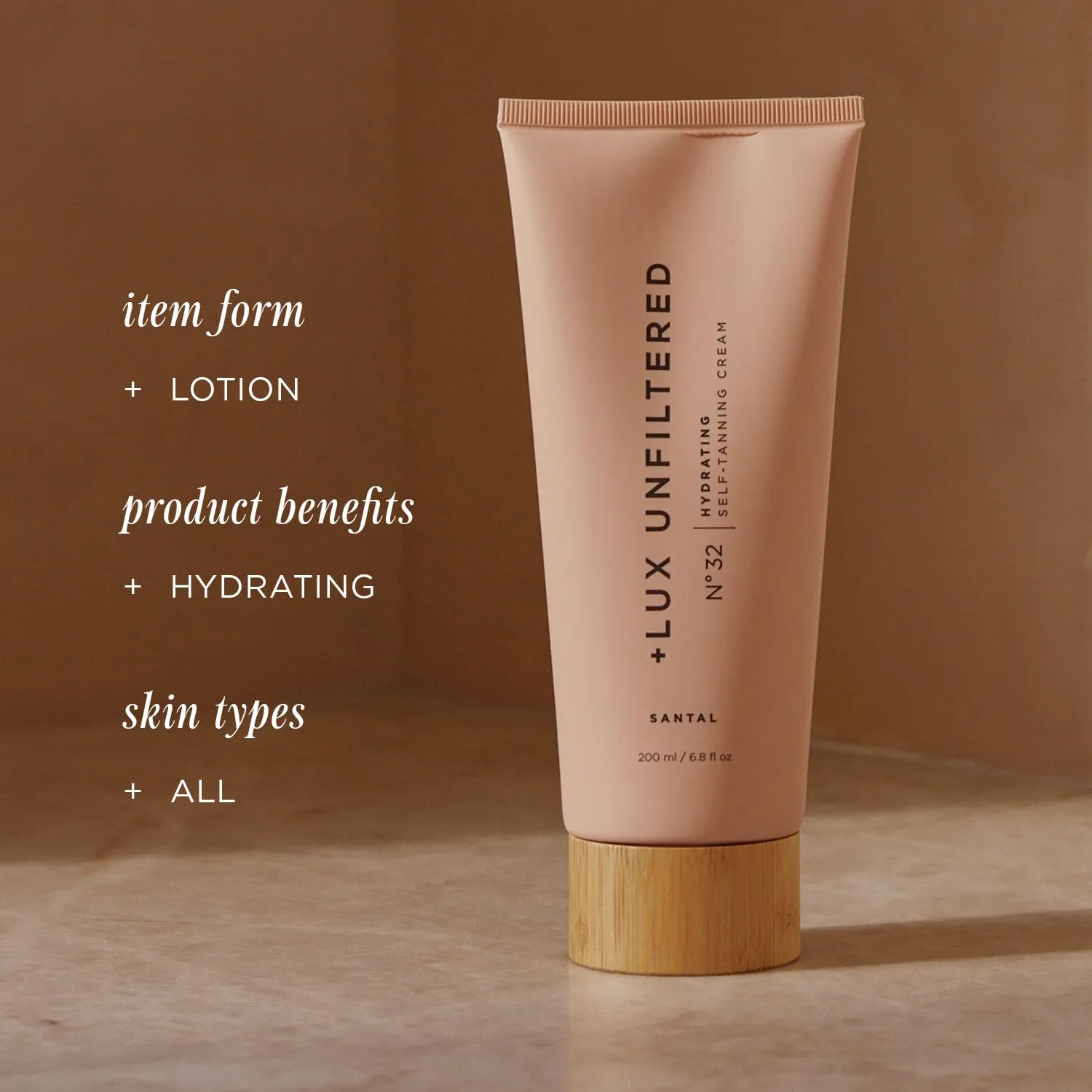   Lux Unfiltered N°32 Gradual Self Tanner, Hydrating Self Tanning Lotion with Shea Butter & Squalane - Non-Sticky, No Transfer, Natural-Looking Tan - Vegan & Cruelty-Free Sunless Tanner - Santal
