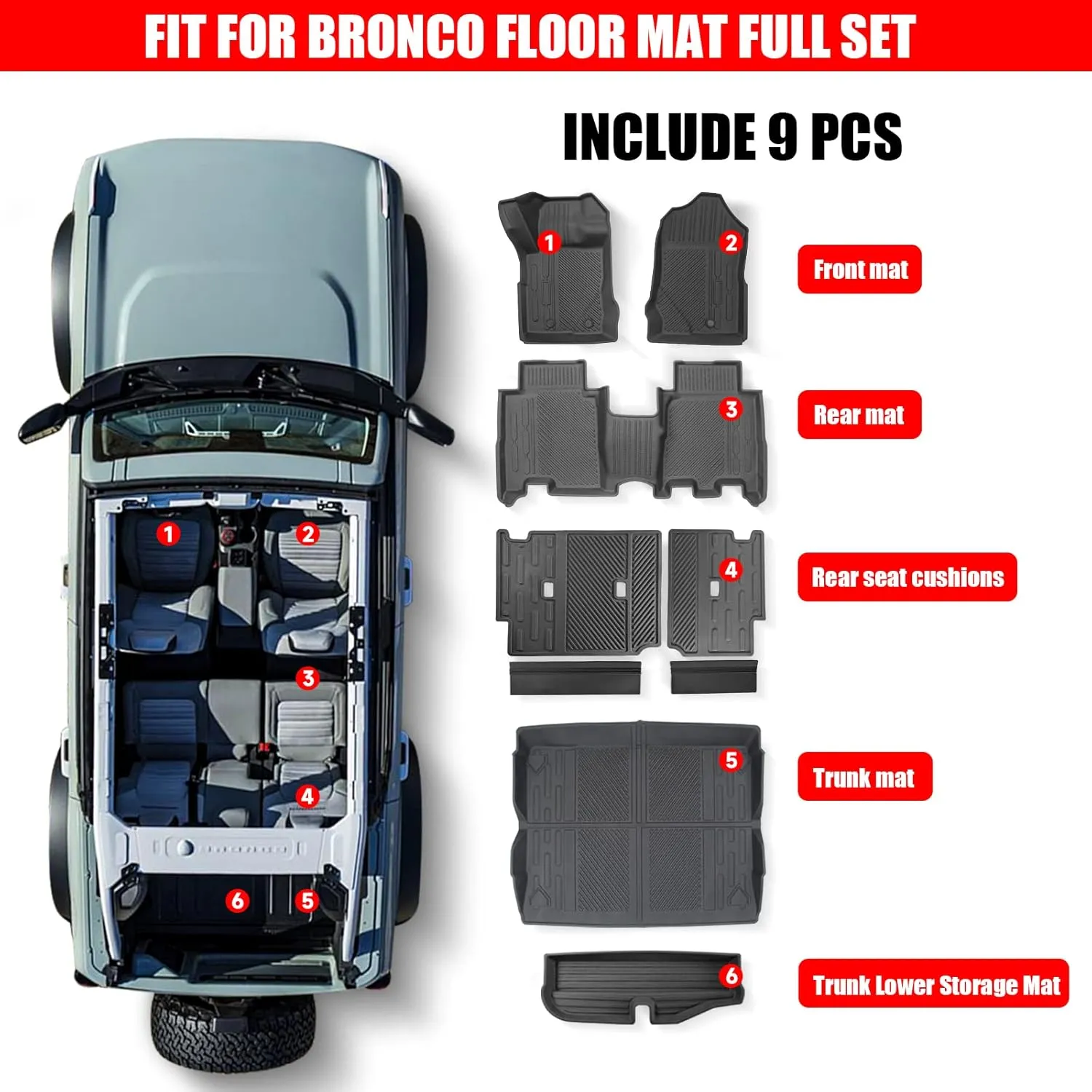 Mabett Interior Cover Mats for Ford Bronco Accessories 4-Door 2021 2022 2023 2024 Floor Mats Rear Seat Back Cover and Cargo Liners with Trunk Lower Storage Mat（Not fit Bronco Sport）