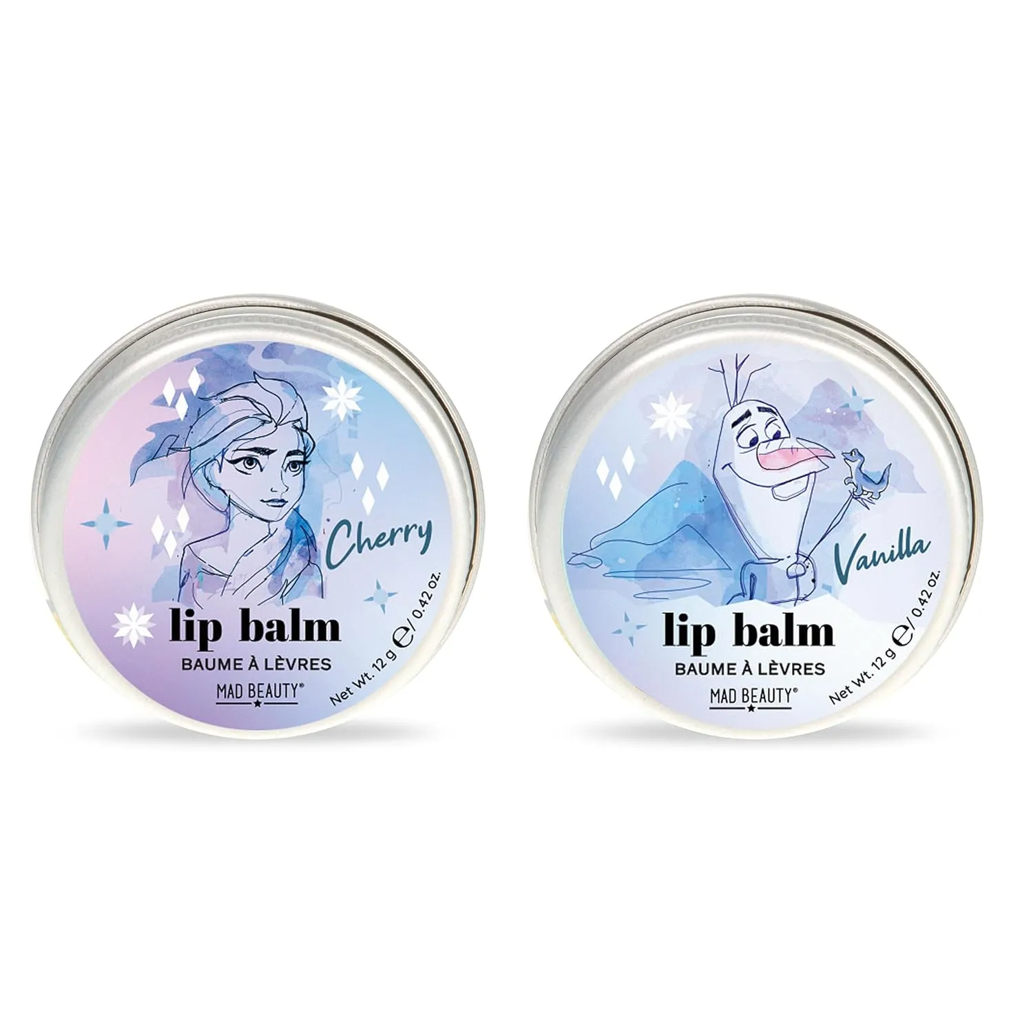 MAD Beauty Disney Frozen Lip Balm Set Duo Olaf & Elsa Tin Box, Cherry & Vanilla Lip Balms, Scented, Fragranced, Cute Skincare Gift for Women and Girl