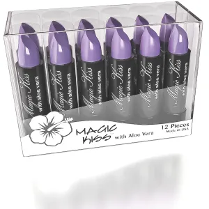 Magic Kiss Pack of 12 Color Changing Aloe Vera Lipstick set, MADE IN USA (Lavender)