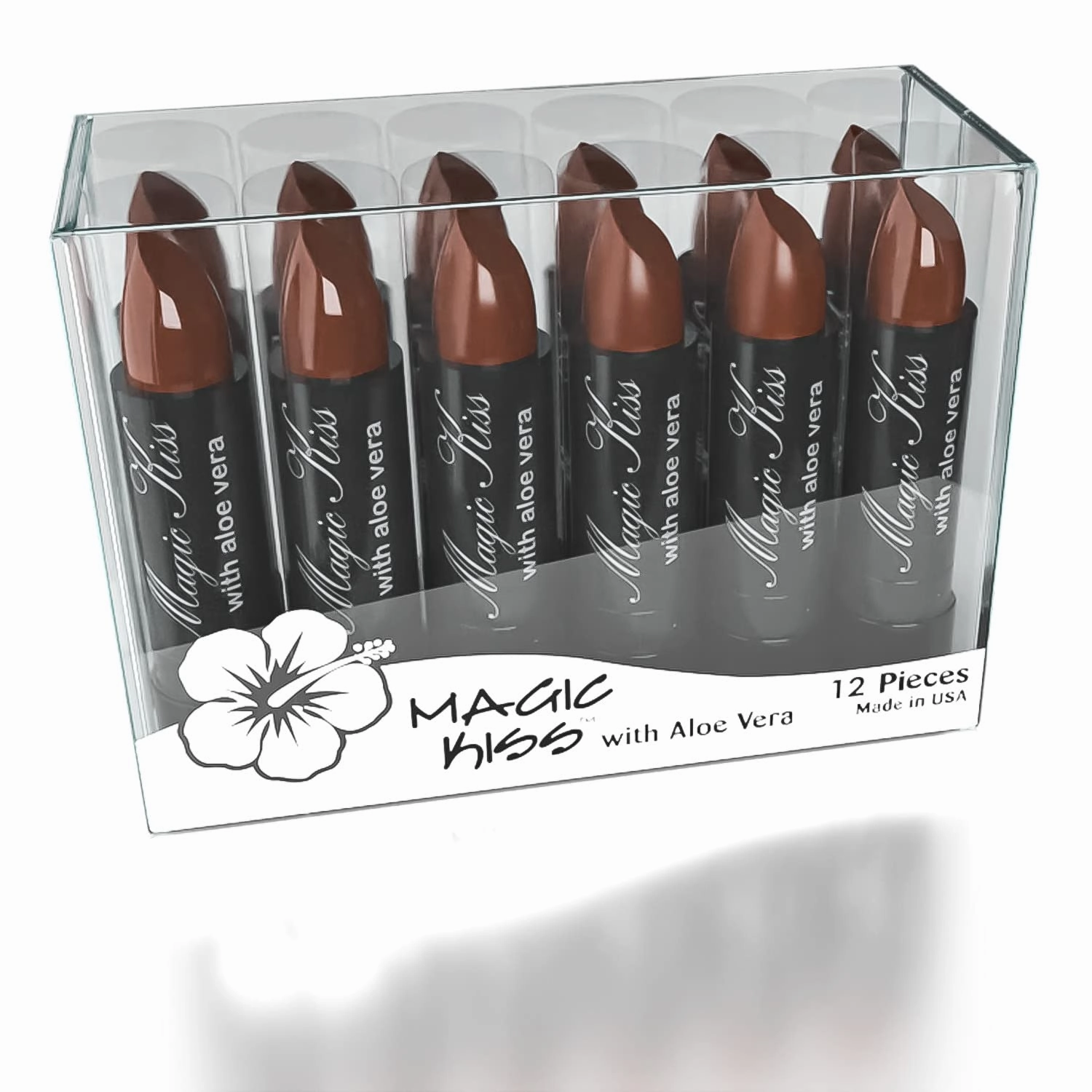 Magic Kiss Pack of 12 Color Changing Aloe Vera Lipstick set, MADE IN USA (Chocolate)
