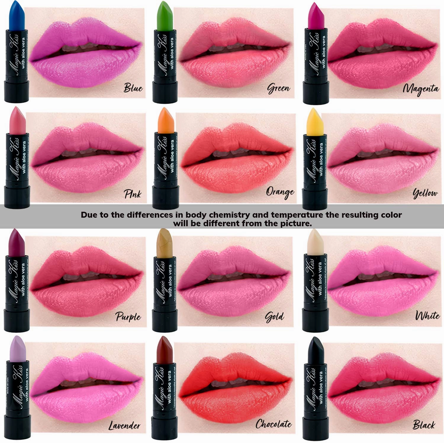 Magic Kiss Pack of 12 Color Changing Aloe Vera Lipstick set, MADE IN USA (Chocolate)