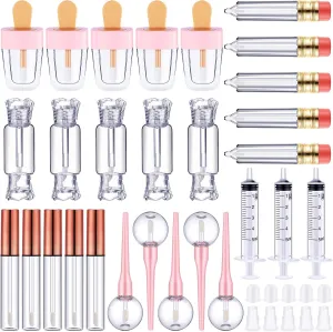 Maitys 30 Pcs Lip Gloss Tube Tool Set, Include 20 Pencil Ice-cream Lollipop Candy Shaped Empty Lip Gloss Tubes, 5 Clear Balm Containers with Rose Gold Cap and 5 Plastic Syringe for Women DIY