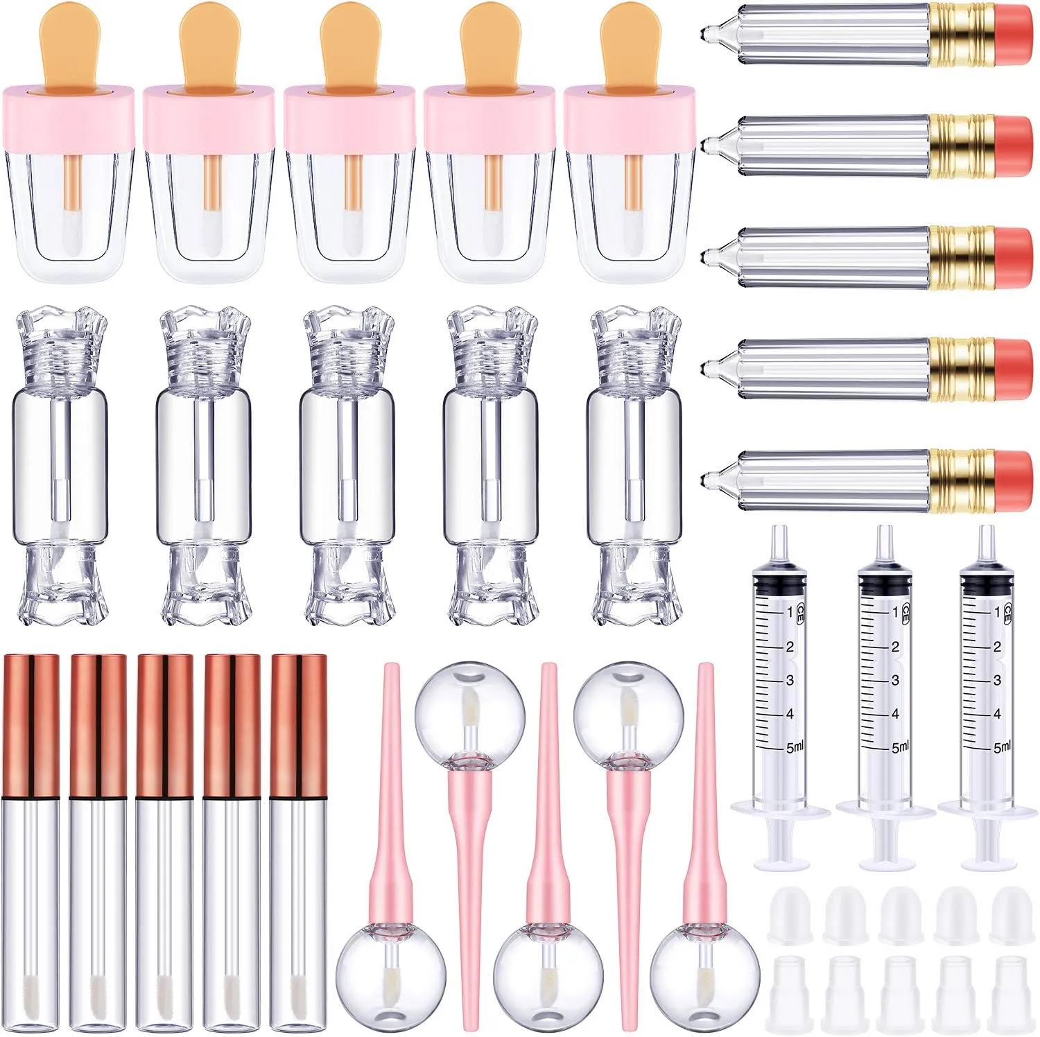 Maitys 30 Pcs Lip Gloss Tube Tool Set, Include 20 Pencil Ice-cream Lollipop Candy Shaped Empty Lip Gloss Tubes, 5 Clear Balm Containers with Rose Gold Cap and 5 Plastic Syringe for Women DIY