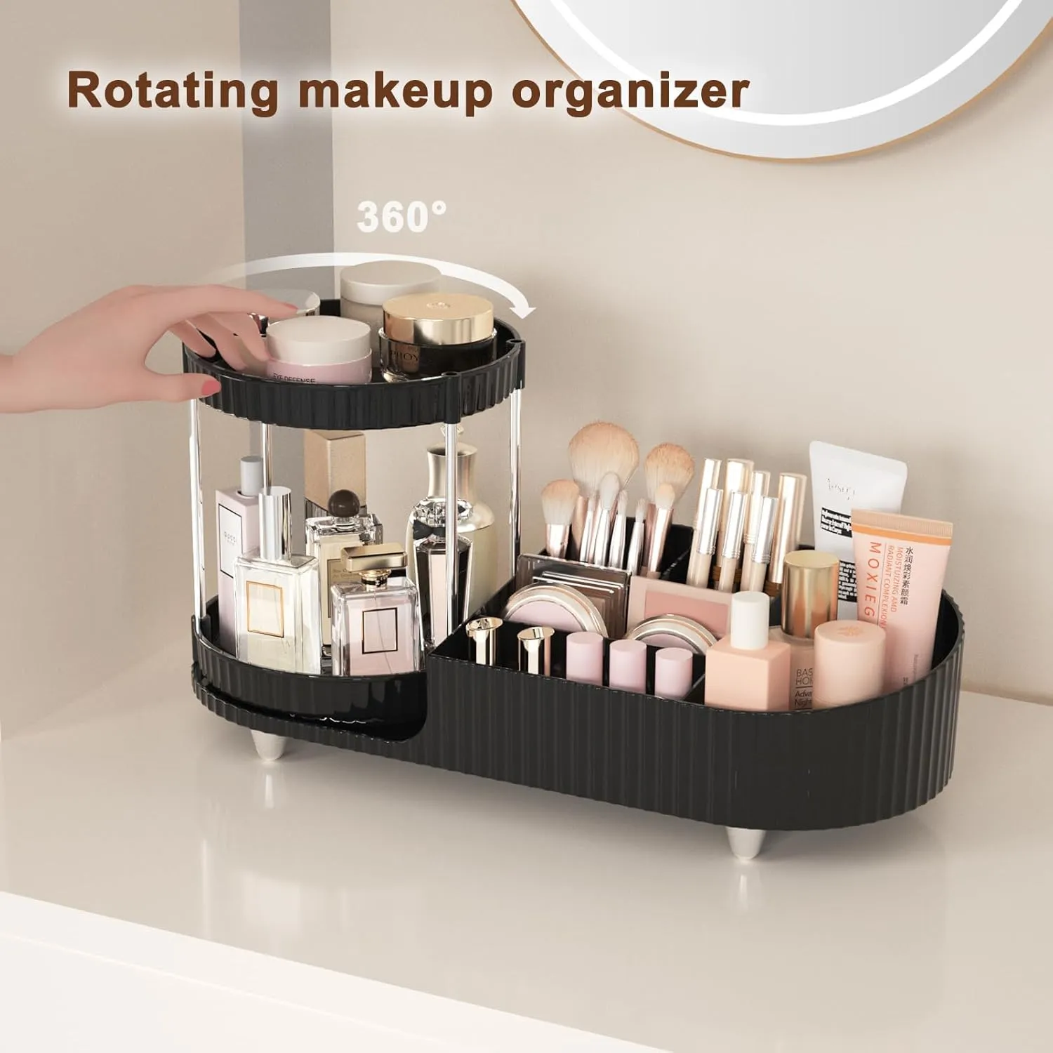 Makeup Organizer Countertop for Vanity with 360 Rotating Perfume Trays, 7-Compartment Skincare Organizers and Make Up Desk Storage, Cosmetic Organizer with Brush Holder for Bedroom Bathroom Counter