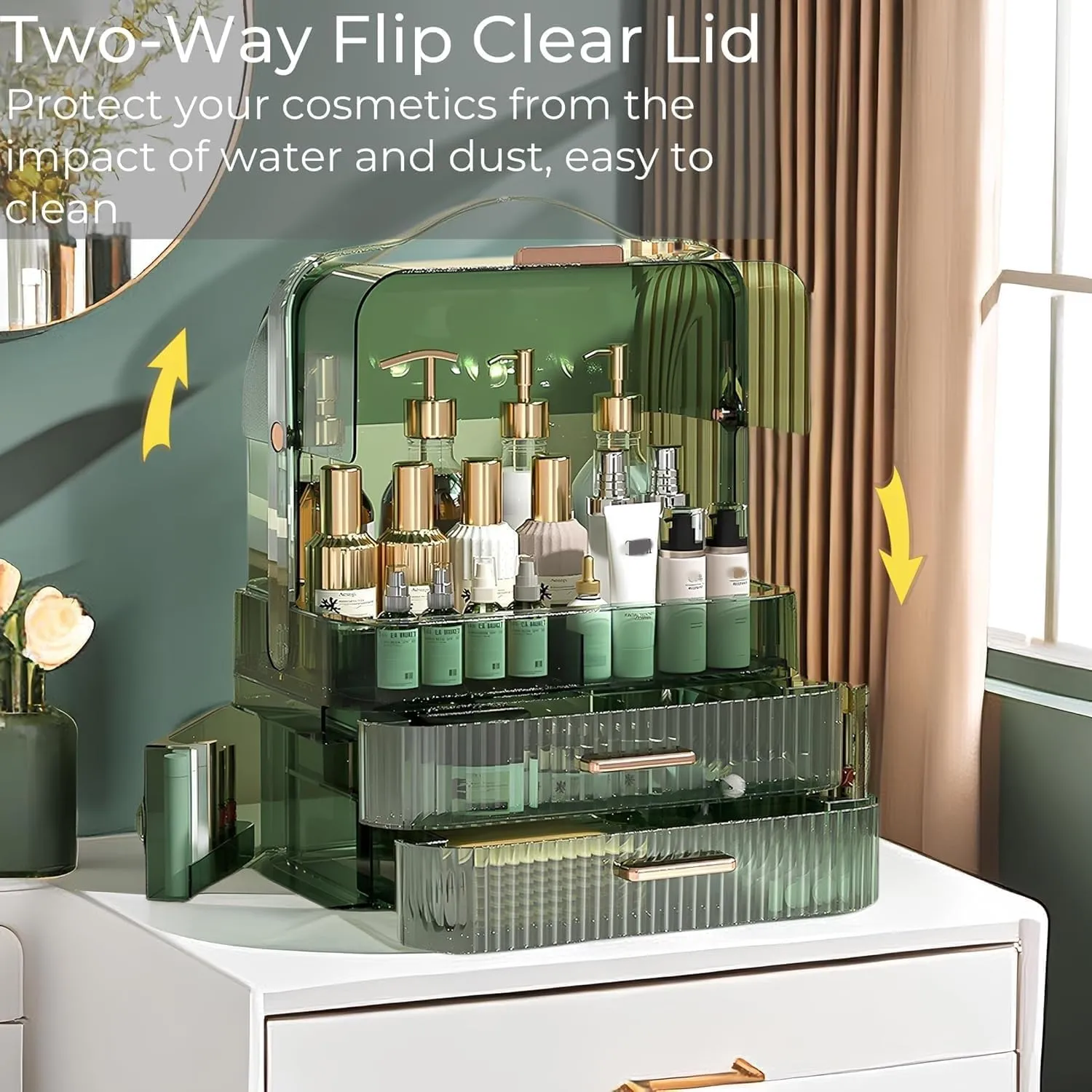 Makeup Organizer, Waterproof & Dustproof Cosmetic Display Cases with 2-Layer and Transparent Cover, Skincare Display Boxes,Makeup Caddy Holder for Vanity Countertop, Bathroom, Dresser, Bedroom, Green