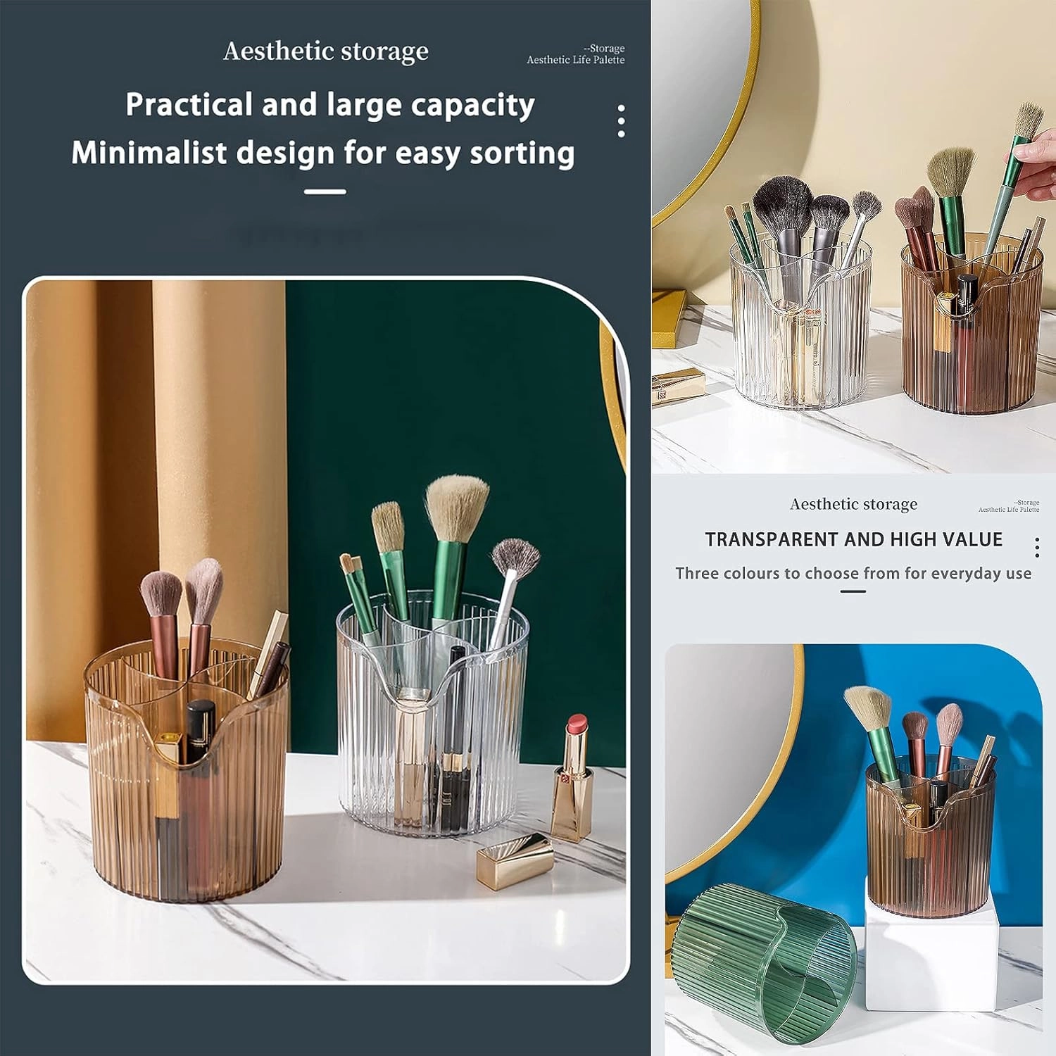 Makeup Brush Holder,Transparent Makeup Organizer,4 Slot Makeup Brushes Cup,for Vanity Decor,Bathroom Countertops,Desk Storage Container,Cosmetic Display cases（Clear Coffee）